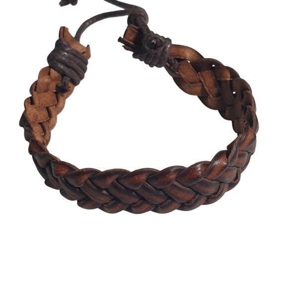 Braided Adjustable Brown Leather Bracelet Cord Closure Unisex Jewelry Men Gift - Picture 3 of 4